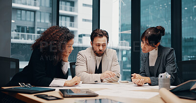 Buy stock photo Conversation, documents and business people in office, financial agency and sales review. Proposal, man and women in meeting, teamwork and discussion with budget report, feedback and planning