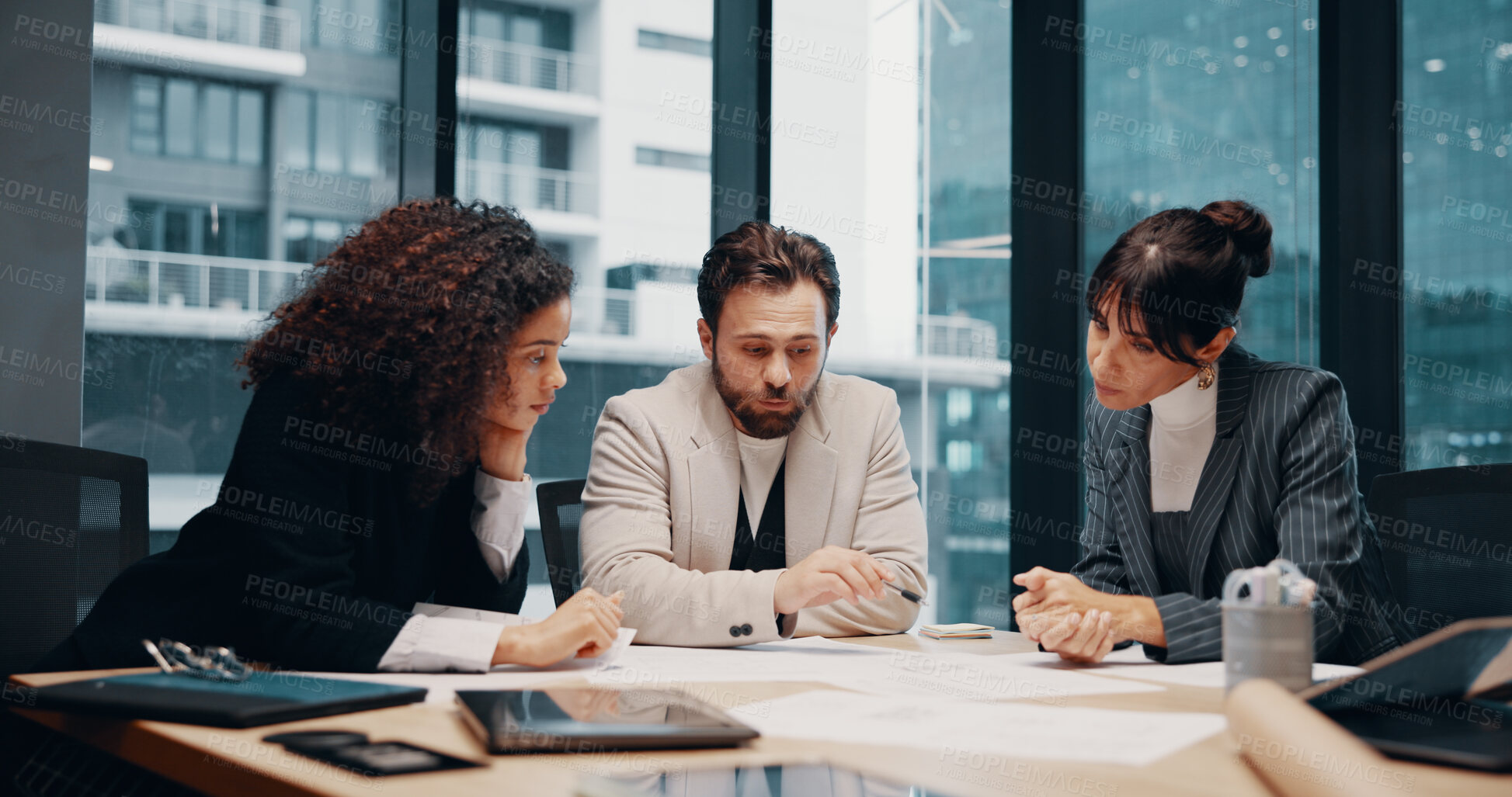 Buy stock photo Conversation, documents and business people in office, financial agency and sales review. Proposal, man and women in meeting, teamwork and discussion with budget report, feedback and planning