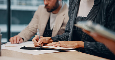 Buy stock photo Business people, hands and writing with book for meeting minutes, notes or schedule planning. Group, team or employee with diary notebook for project reminder, company development or corporate agenda