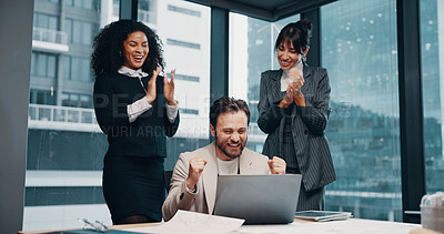 Buy stock photo Excited, applause and group with laptop, office or celebration for investment, laugh and achievement. Clapping, people and account manager with success, teamwork and review of business growth on web