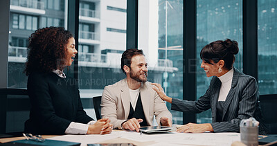 Buy stock photo Conversation, smile and business people in office, support and financial agency with performance review. Happy, man or women in meeting, teamwork or discussion with budget report or positive feedback
