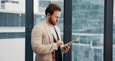 Buy stock photo Business, tablet and man with online reading, financial agency and notification for stock market. Person, investor or employee with tech, internet and report for trading progress or proposal feedback