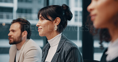 Buy stock photo Business, listening and woman in office, meeting and positive feedback for investment proposal. People, employees and investor in workplace, conversation and profit growth with negotiation or talking