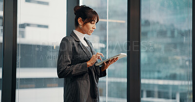 Buy stock photo Business, typing and woman with tablet, financial agency and notification for stock market. Mature person, investor or employee with tech, scroll and report for profit increase and proposal feedback