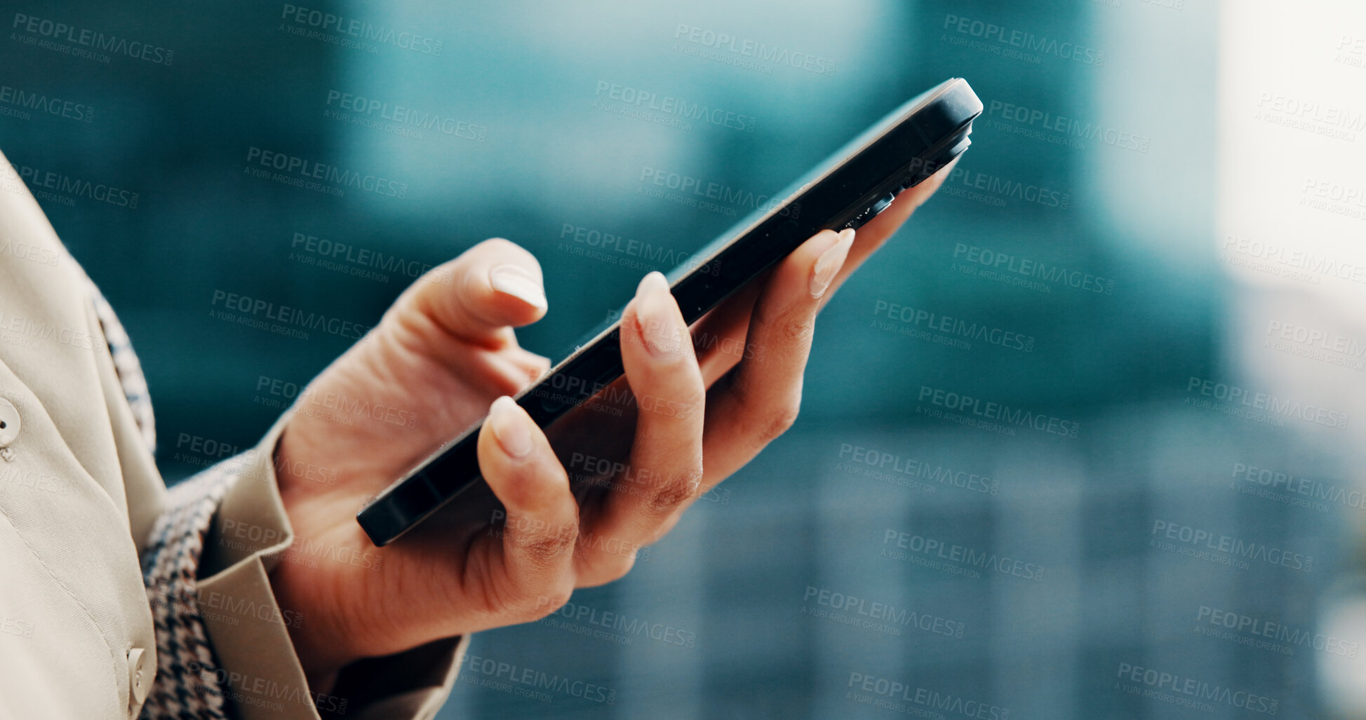 Buy stock photo Cellphone, hands and businesswoman in city with networking, communication or connectivity online. Technology, contact and female corporate employee with phone for email on mobile app in urban town.