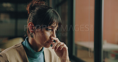 Buy stock photo Thinking, business and woman in office with vision, reflection and planning for consulting startup. Contemplation, insight and female person with thought, opportunity and solution for company growth