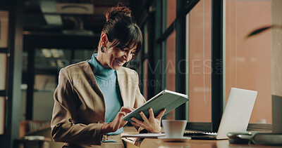 Buy stock photo Business, smile and woman with tablet, research for article post and creative agency. Person, copywriting and journalist in workplace, tech and magazine website with news report publication or column