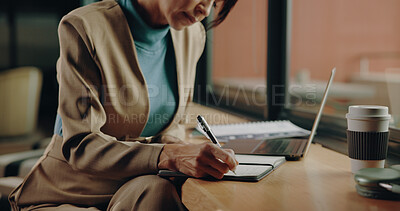 Buy stock photo Notebook, writing and woman in digital agency with laptop,  research and planning for startup. Technology, journal or feedback and reminder in schedule with ideas, inspiration and project management