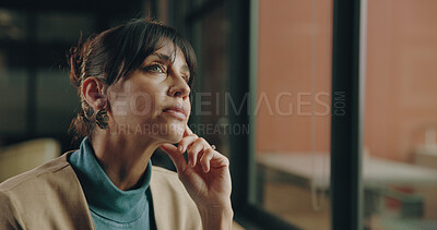 Thinking, office and business woman with idea for project solution, company decision and planning. Professional, startup manager and person with reflection, insight and problem solving for proposal