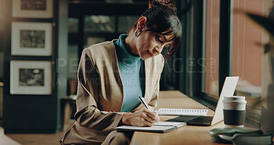 Buy stock photo Notebook, writing and business woman in office with laptop,  research and planning for startup. Technology, journal or feedback and reminder in project management with schedule, ideas and inspiration