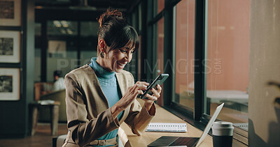 Buy stock photo Phone, happy and businesswoman in office with networking, contact or email on mobile app. Smile, technology and female corporate employee with communication online with cellphone in workplace.