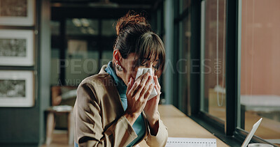 Buy stock photo Sick, blowing nose and woman in cafe with tissue, illness symptoms and allergy in overtime remote job for health. Flu, sinus and person with technology, fever or infection in coffee shop with cold