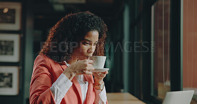 Buy stock photo Business woman, coffee and cafe with laptop for morning beverage, drink or remote work. Female person, freelancer or journalist with caffeine for online story, article or journalism in restaurant