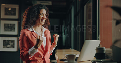 Buy stock photo Excited, employee and woman in office, night or happy for investment opportunity or business growth. Laughing, accountant and person with smile for good news, career development and achievement