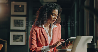 Buy stock photo Business, online reading and woman with tablet, research for article post and copywriting. Person, employee and journalist in workplace, tech and magazine website with news report publication and app