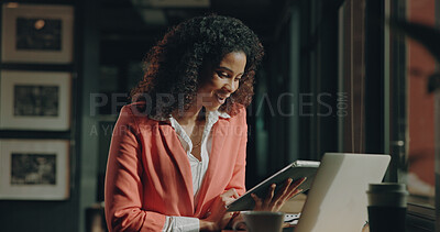 Buy stock photo Happy, online reading and woman with tablet, research for article post and magazine website. Person, employee and journalist in workplace, tech and positive review with news report publication or app