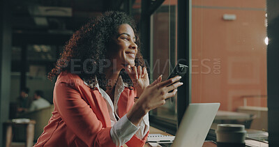 Buy stock photo Business, woman and phone with thinking at window for editor feedback, good news and story approval. Publishing agency, journalist and happy with smartphone in newsroom for article headline and email