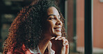 Thinking, happy and business woman in office for project solution, career growth and planning. Professional, startup manager and person with reflection, insight and problem solving for proposal