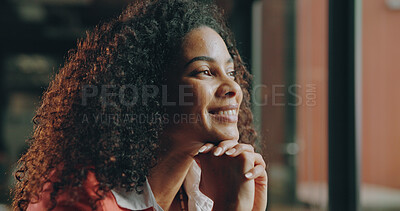 Buy stock photo Thinking, happy and business woman in office for project solution, career growth and planning. Professional, startup manager and person with reflection, insight and problem solving for proposal