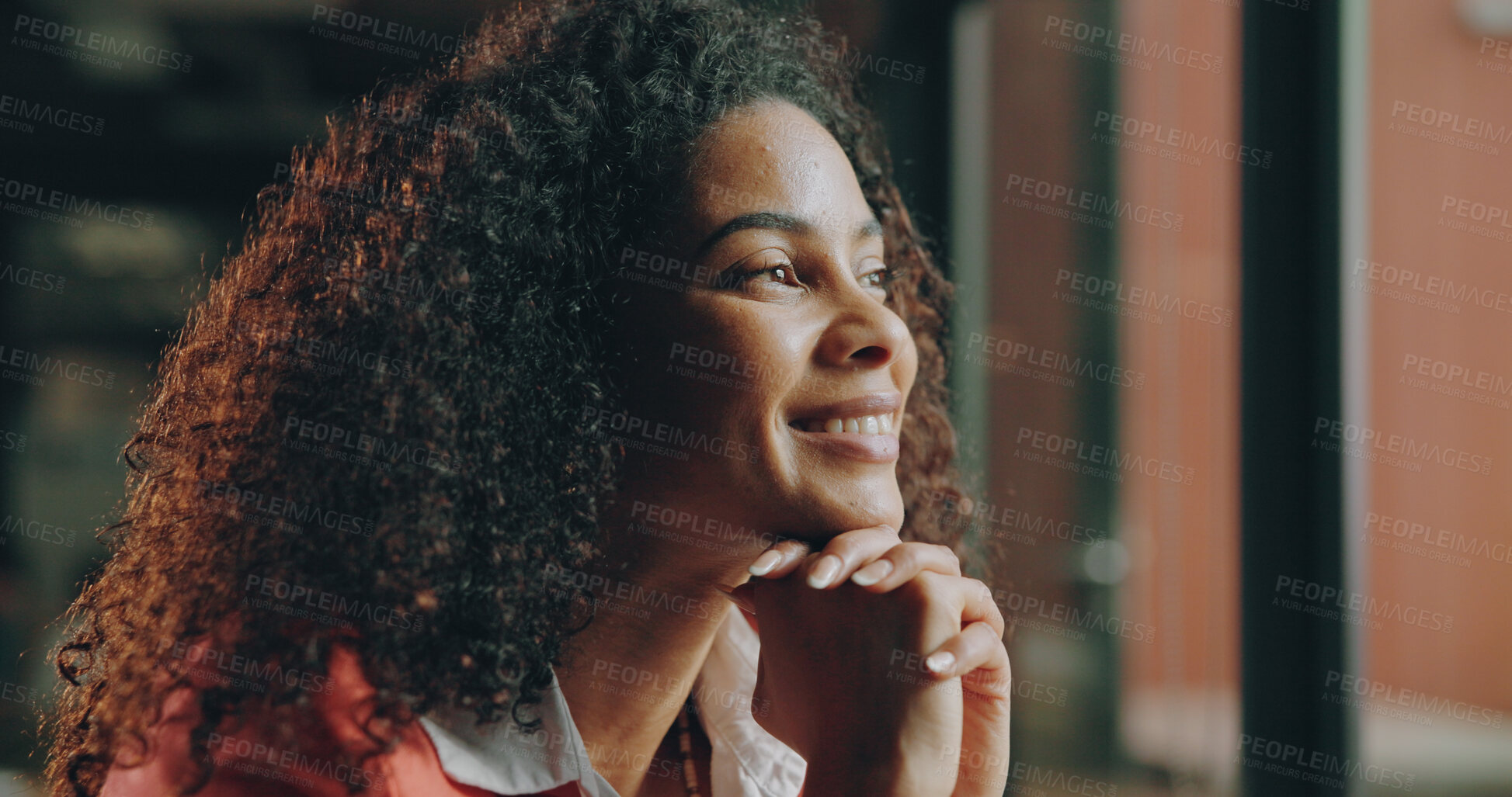 Buy stock photo Thinking, happy and business woman in office for project solution, career growth and planning. Professional, startup manager and person with reflection, insight and problem solving for proposal