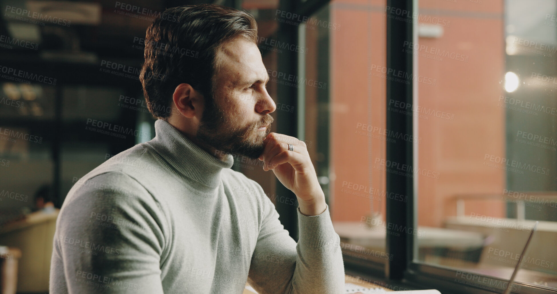 Buy stock photo Thinking, office and business man by window with idea for project solution, company decision and planning. Professional, startup and person with reflection, insight and problem solving for proposal