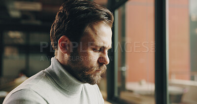 Buy stock photo Thinking, business and man in office with planning, thought and ideas for project management. Reflection, contemplating and person in workplace with vision, opportunity and solution for company