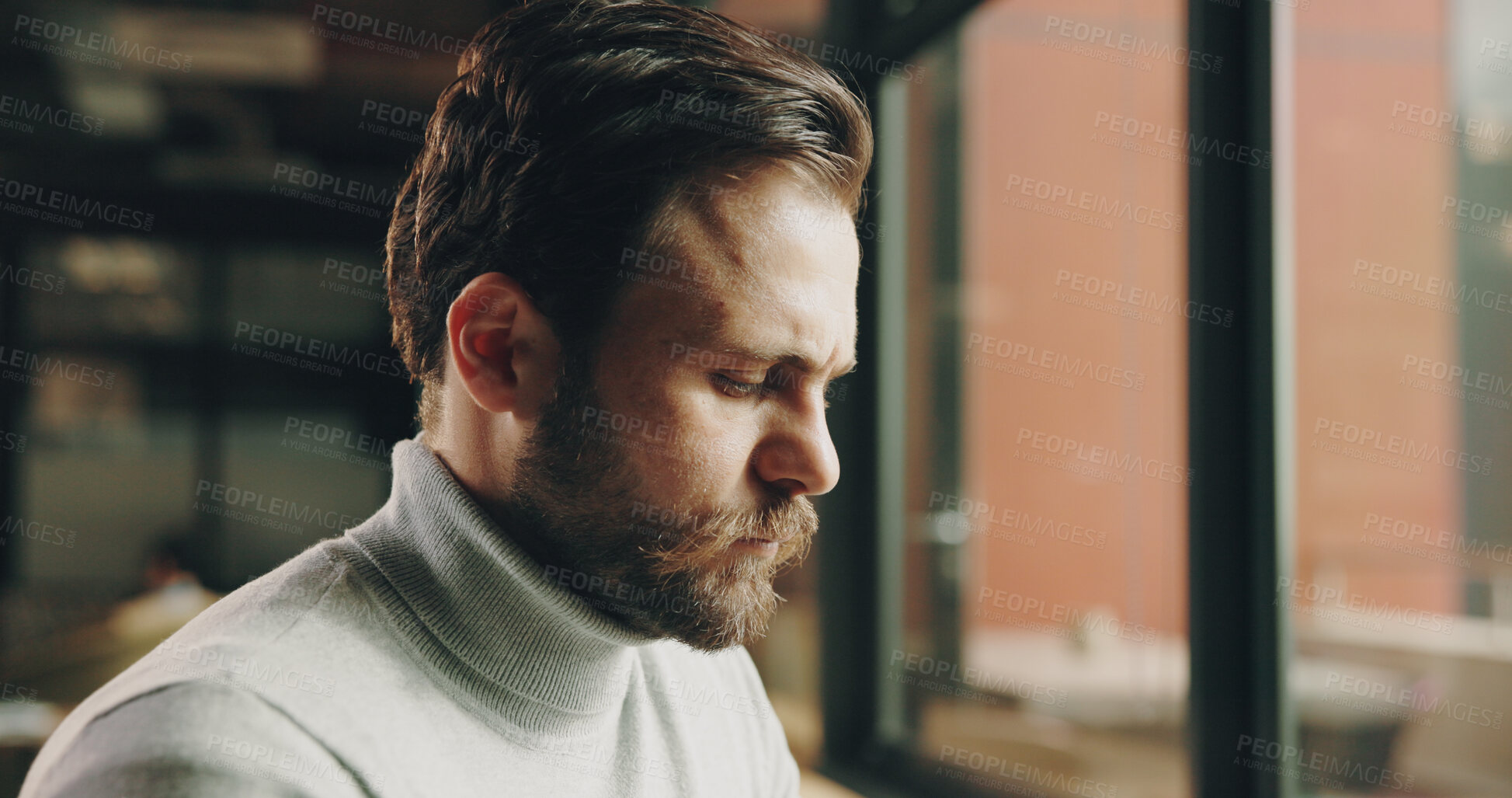 Buy stock photo Thinking, business and man in office with planning, thought and ideas for project management. Reflection, contemplating and person in workplace with vision, opportunity and solution for company
