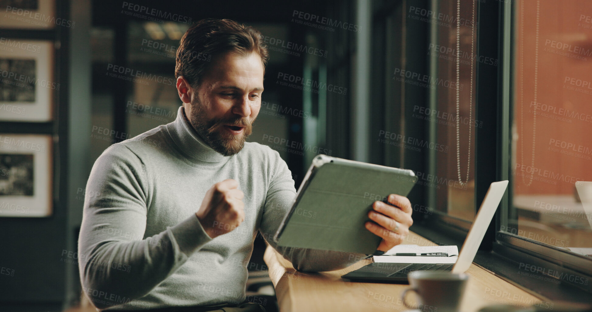 Buy stock photo Employee, success and man with tablet, night or happy for investment opportunity or business growth. Laughing, accountant and person with smile for good news, career development and achievement