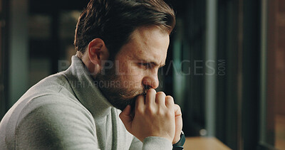 Buy stock photo Thinking, office and businessman with idea for decision, project solution and planning. Professional, startup manager and person with reflection, brainstorming and problem solving for proposal