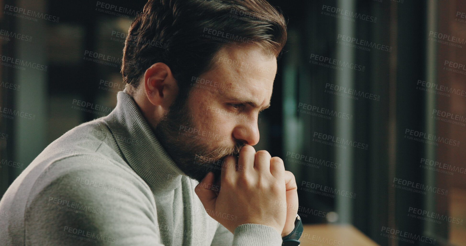 Buy stock photo Thinking, office and businessman with idea for decision, project solution and planning. Professional, startup manager and person with reflection, brainstorming and problem solving for proposal