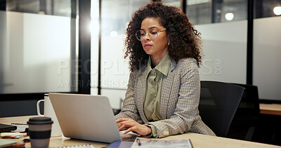 Buy stock photo Finance, laptop and typing with business woman in office for administration or company management. Accounting, African and computer with financial manager in corporate workplace for budget review