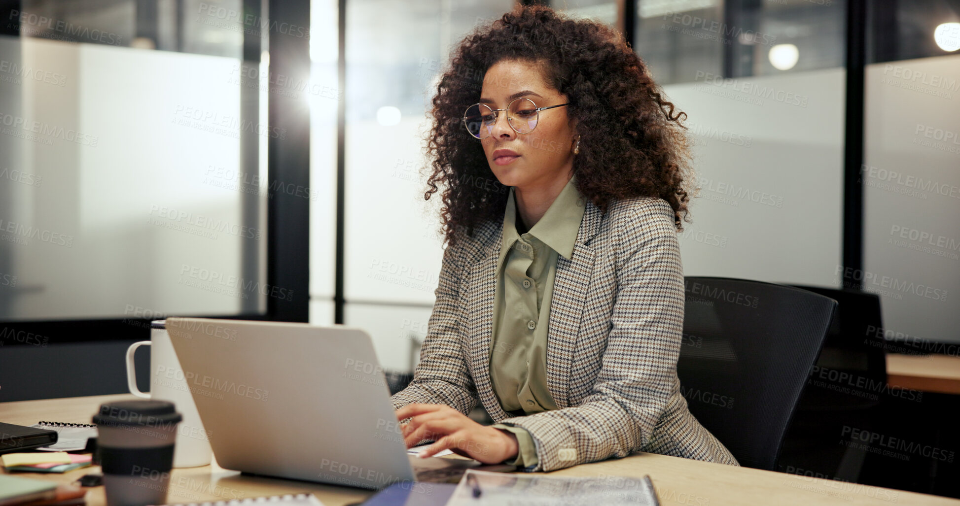 Buy stock photo Finance, laptop and typing with business woman in office for administration or company management. Accounting, African and computer with financial manager in corporate workplace for budget review