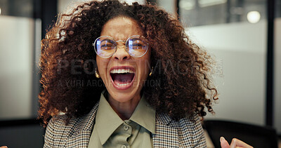 Buy stock photo Face, frustration and shouting with business woman in office for crisis, fail or mistake. Anger, breakdown and emotional stress with African employee yelling in workplace for bankruptcy or debt