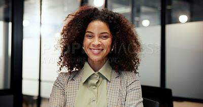 Buy stock photo Portrait, smile and African woman in office with face, professional or confident for entrepreneurship. Happy, business person or consultant in workplace with career, friendly or corporate for company