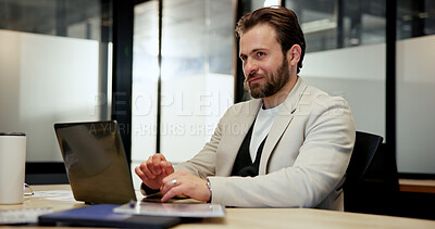 Buy stock photo Night, man and thinking at laptop for business, economy research and financial planning. Overtime, trader and computer in office for stock market information, problem solving and investment idea