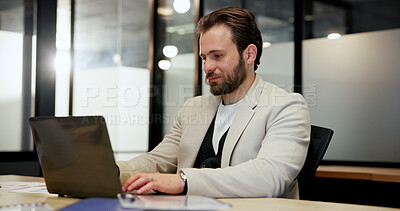 Buy stock photo Night, man and typing on laptop for business, economy research and investment platform. Overtime, trader and computer in office for stock market information, financial planning and reading trends