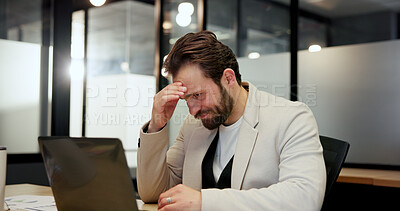 Buy stock photo Business, headache and man in office with laptop, flare and overtime in deadline pressure. Night, burnout and project manager in workplace with tech, migraine and overworked in mental exhaustion.
