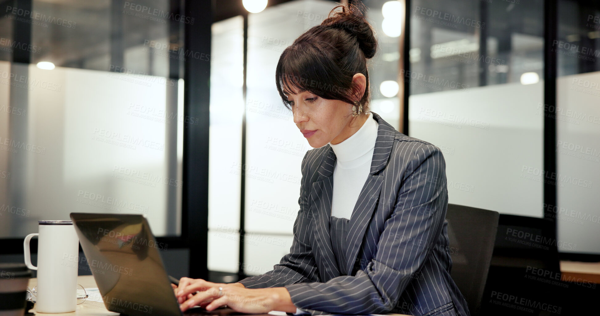 Buy stock photo Corporate, finance and laptop with business woman in office for administration or company management. Accounting, computer and typing with mature financial manager in workplace for budget review