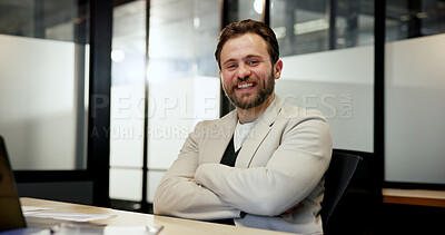 Buy stock photo Man, smile and portrait in office with tech, professional and confident for entrepreneurship. Happy, business person and consultant in workplace with laptop, arms crossed and face for company.