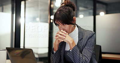 Buy stock photo Laptop, stress and thinking with business woman in office for planning, problem solving or solution. Anxiety, computer and reading with mature company manager in corporate workplace for decision