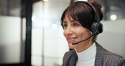 Buy stock photo Customer service, face and woman with headset in office, online agent and digital support in call centre. Happy, mature virtual assistant and communication in company, tech and advice for help desk