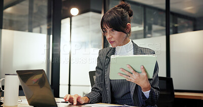 Buy stock photo Finance, laptop and tablet with business woman in office for administration or company management. Accounting, app and computer with mature financial manager in corporate workplace for budget review