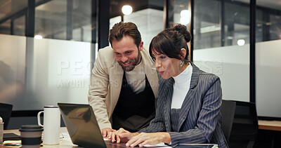 Buy stock photo Laptop, teamwork and business people in office, proposal for funding and research for stock market. Employees, man and woman in meeting, computer and email for budget report, smile and cooperation