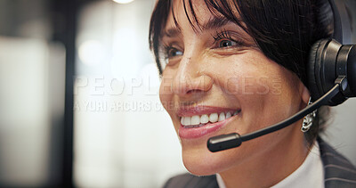 Buy stock photo Happy woman, consultant or call center with headset for customer service or online advice in office. Female person, agent or smile with mic for virtual assistance, help or communication on space