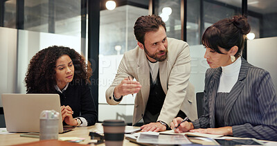 Buy stock photo Business, man and meeting with staff in office for intern training, planning and financial feedback. Team, manager and explain with laptop for company procedure, finance briefing and steps on funding
