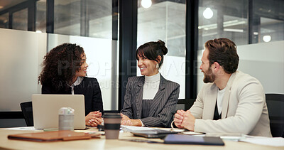 Buy stock photo Meeting, business and people smile in office for intern training, collaboration and feedback. Staff, attention and employee team for upskill coaching, planning and information for proposal briefing