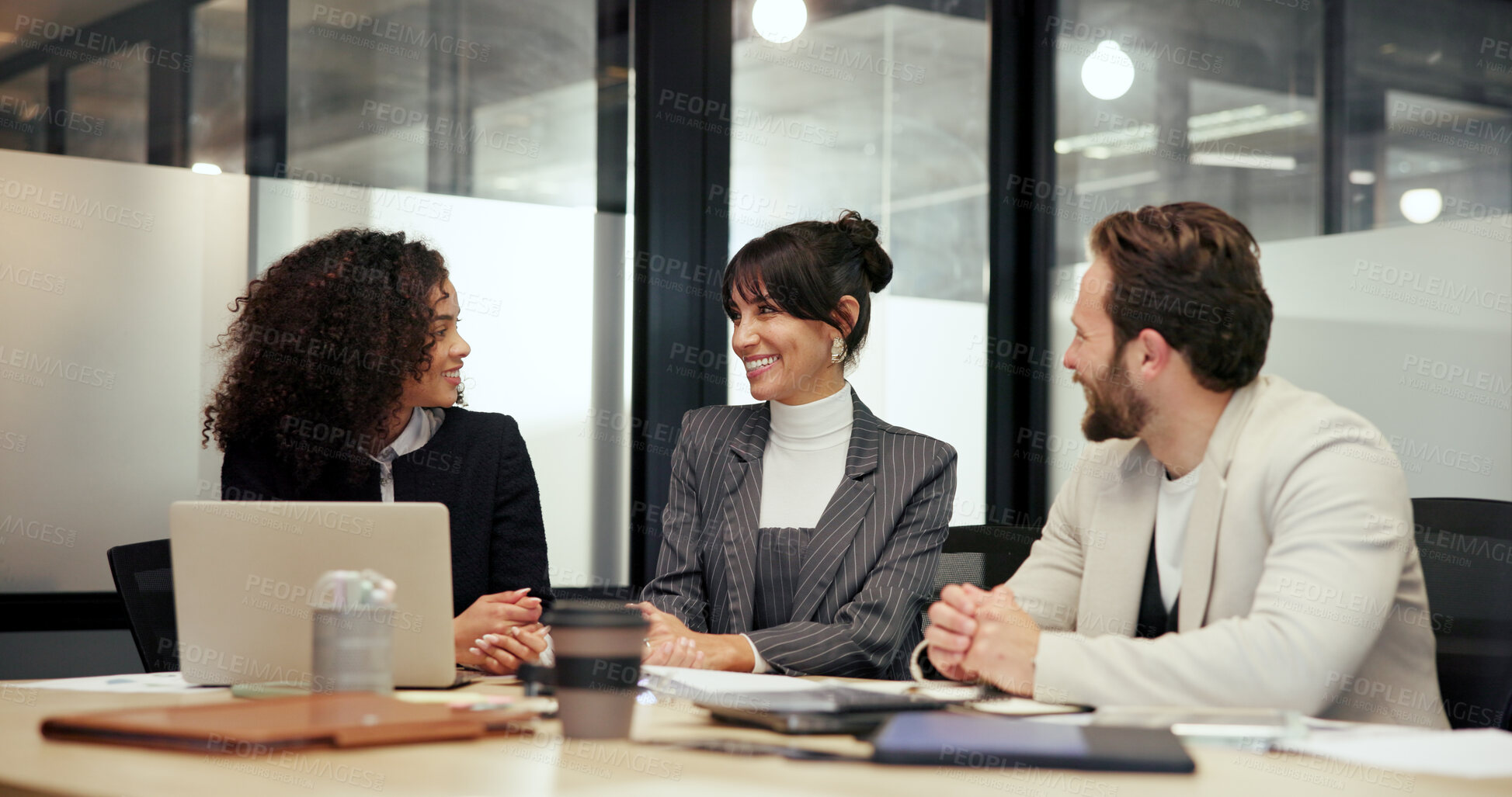 Buy stock photo Meeting, business and people smile in office for intern training, collaboration and feedback. Staff, attention and employee team for upskill coaching, planning and information for proposal briefing