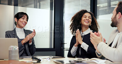 Buy stock photo Excited, group and applause for success, boardroom or happy for investment opportunity and teamwork. Laughing, accountant and people with smile for good news, colleagues and clapping for achievement