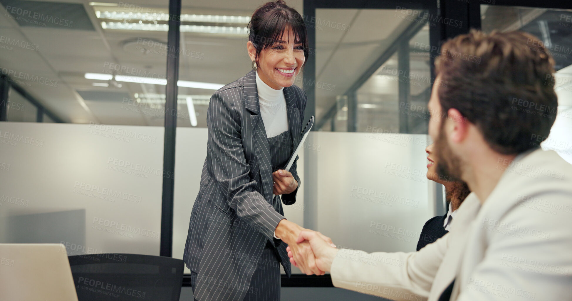 Buy stock photo Boardroom, handshake and meeting with business people in office together for thank you or welcome. Agreement, collaboration and partnership with employee team shaking hands in workplace for deal
