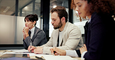 Buy stock photo Meeting, business and people writing in office for intern training, speech and speaker feedback. Staff, attention and employee team for upskill notes, planning and information for proposal briefing